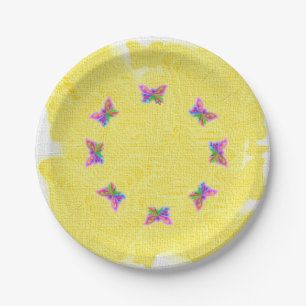Multicolored Butterfly Design Yellow Paper Plate