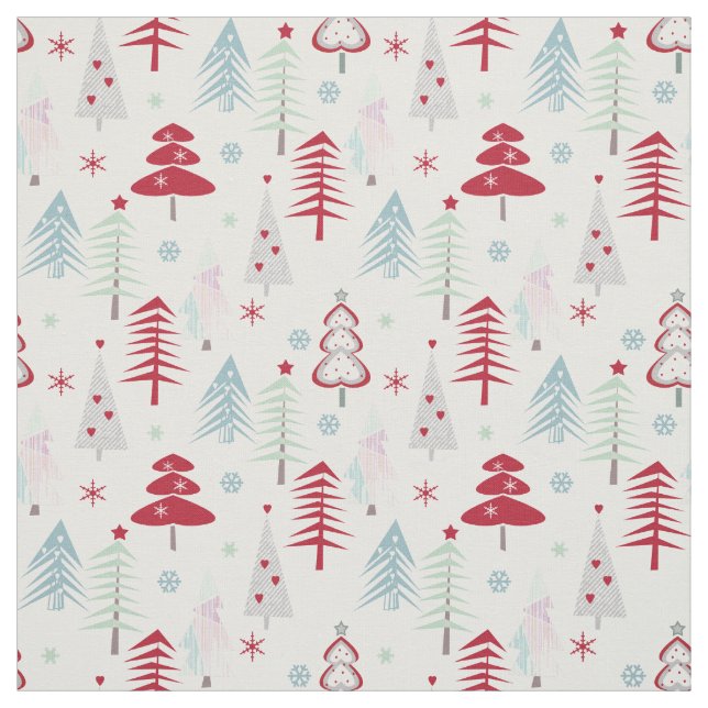 Multicolored Christmas trees on a white  Fabric (Swatch)