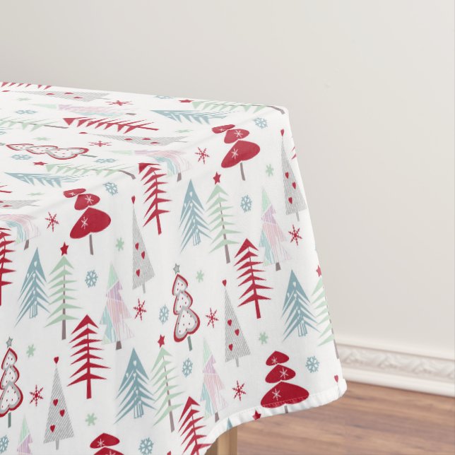 Multicolored Christmas trees on a white   Tablecloth (In Situ)