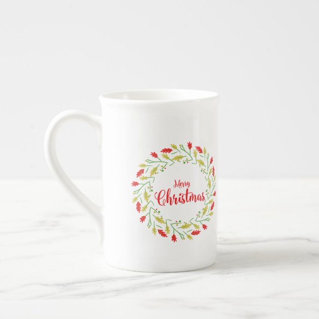 Multicolored Christmas Wreath Bone China Mug (Left)
