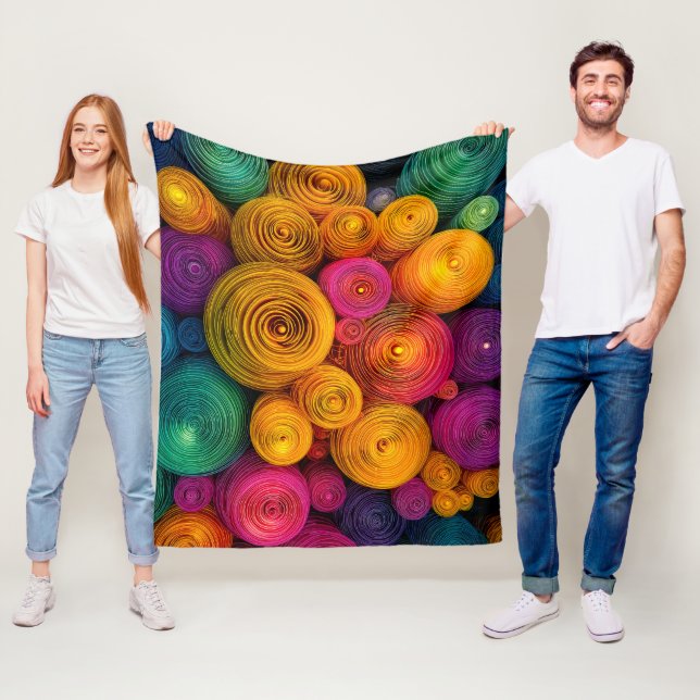 Multicolored concentric circles abstract texture fleece blanket (In Situ)