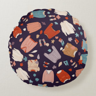 Multicolored, cosy sweaters, warm, autumn, winter. round cushion