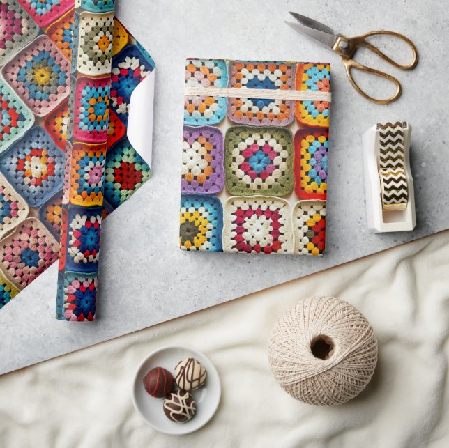 Multicolored Crocheted Granny Square Quilt Wrapping Paper (Crafts)