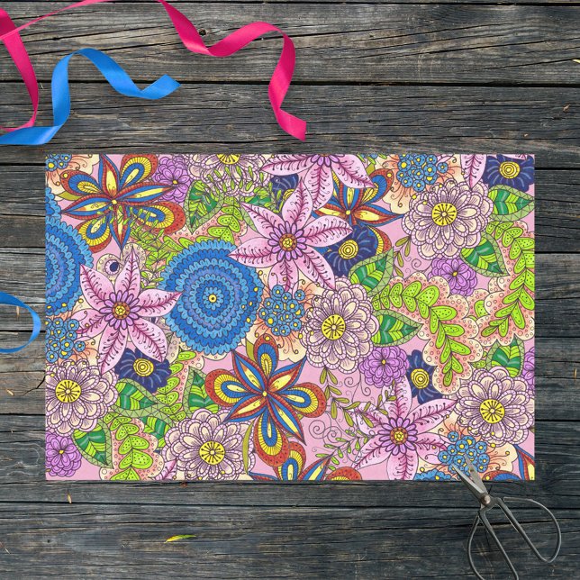 Multicolored Cute Hand-Drawn Flowers and Leaves Tissue Paper (Creator Uploaded)