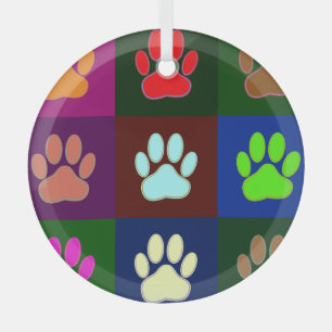Multicolored Dog Paw Print Pattern  Glass Tree Decoration