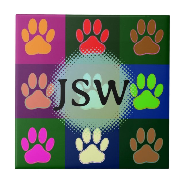 Multicolored Dog Paw Print Pattern Initials Tile (Front)