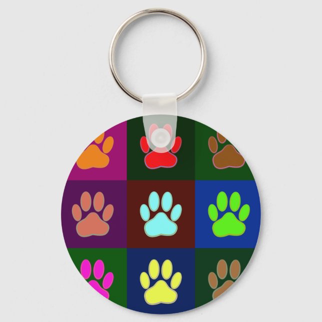 Multicolored Dog Paw Print Pattern Key Ring (Front)