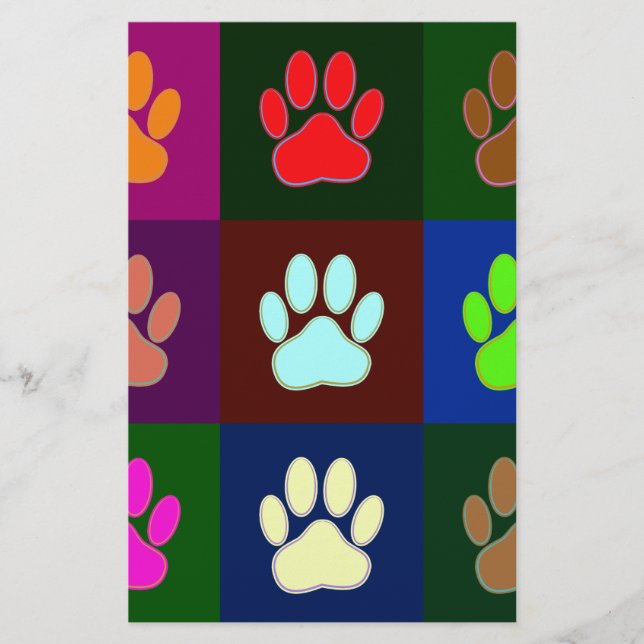 Multicolored Dog Paw Print Pattern Stationery (Front)