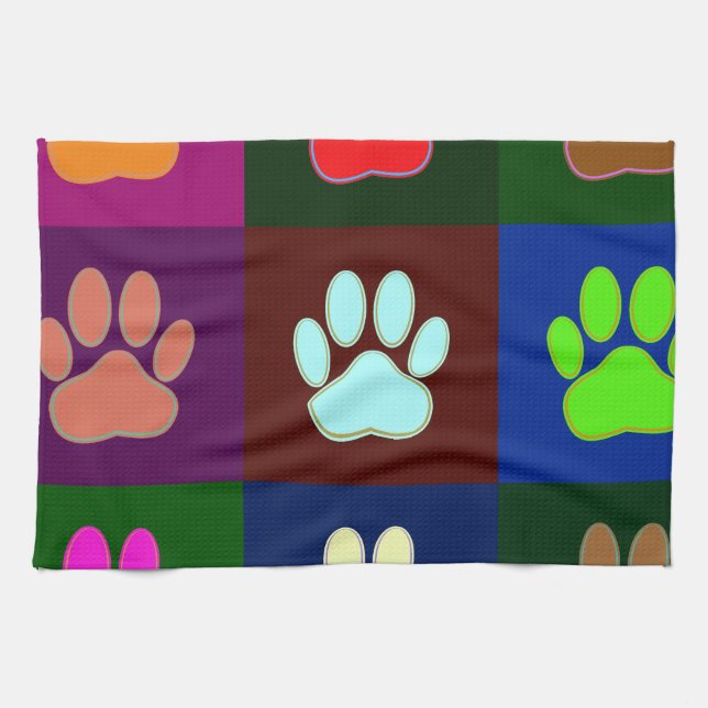 Multicolored Dog Paw Print Pattern Tea Towel (Horizontal)