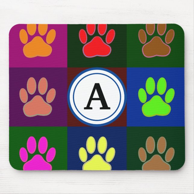 Multicolored Dog Paw Print Pattern With Monogram Mouse Pad (Front)