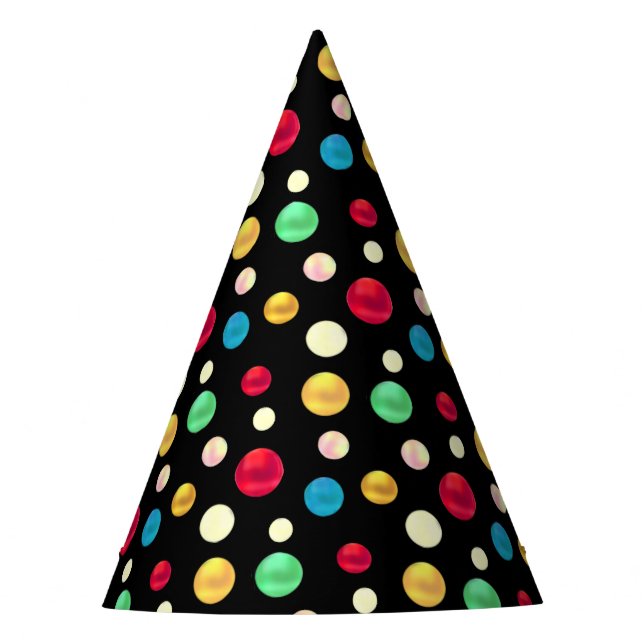 Multicolored Dots on Black Birthday  Party Hat (Front)