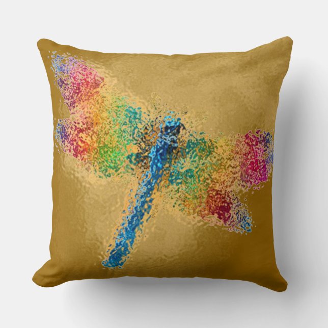 Multicolored Dragonfly Gold Cushion (Front)