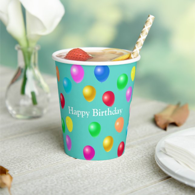 Multicolored Festive Balloons on Teal Paper Cups (Insitu)