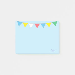 Multicolored flags & calligraphy on light blue post-it notes