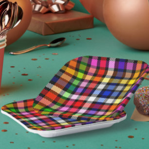 Multicolored Flannel Twill Plaid Tartan On Black  Paper Plate