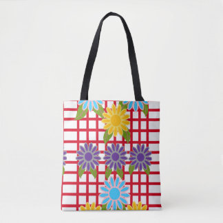 Multicolored Floral Design on Red Grid Tote Bag