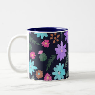 Multicolored Floral Mexican Flowers Navy Two-Tone Coffee Mug
