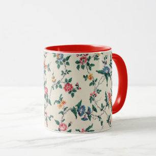 Multicolored flower pattern, red trim, mug