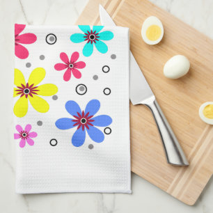 Multicolored flowers daisies retro background summ tea towel
