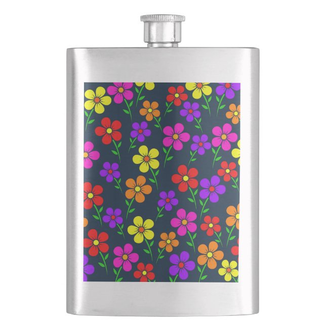 Multicolored Flowers Floral Pattern Hip Flask (Front)