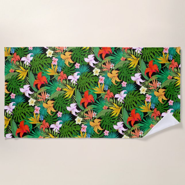 Multicolored Flowers & Palm Leaves on Black Beach Towel (Front)