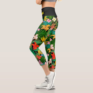 Multicolored Flowers & Palm Leaves on Black Capri Leggings