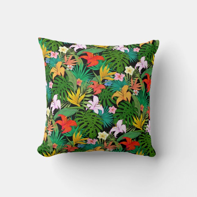 Multicolored Flowers & Palm Leaves on Black Cushion (Front)