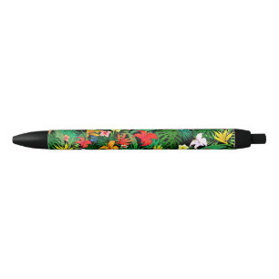 Multicolored Flowers & Palm Leaves on Black Ink Pen