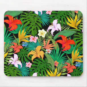 Multicolored Flowers & Palm Leaves on Black Mouse Pad