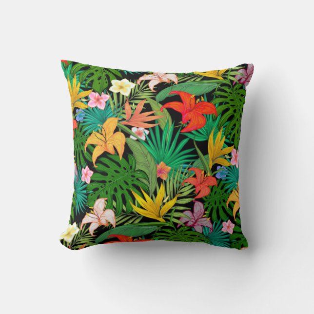 Multicolored Flowers & Palm Leaves on Black Throw  Cushion (Front)