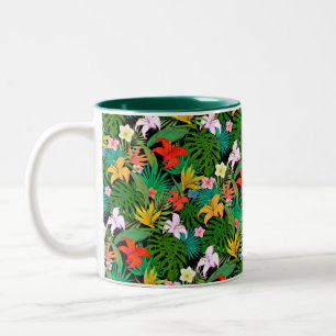 Multicolored Flowers & Palm Leaves on Black Two-Tone Coffee Mug