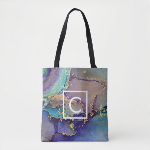 Multicolored Gold Alcohol Ink Liquid Art Monogram Tote Bag