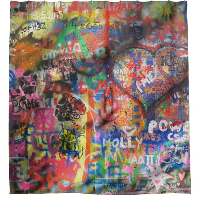Multicolored graffiti on concrete wall shower curtain (Front)