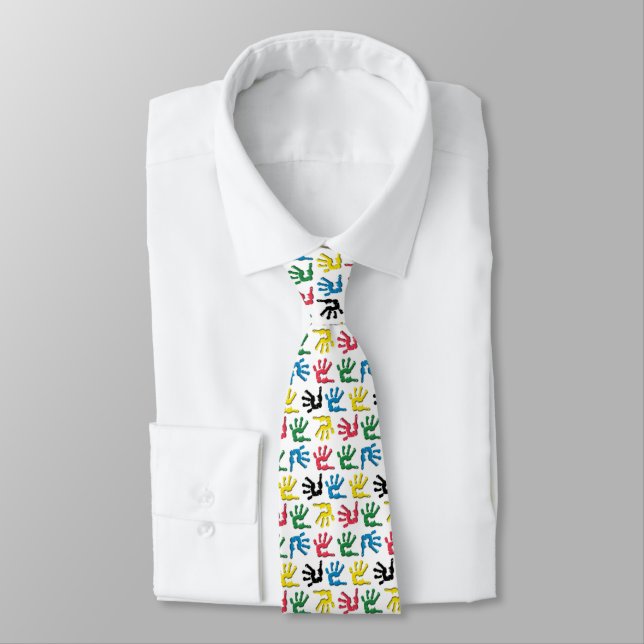 Multicolored handprints pattern tie (Tied)