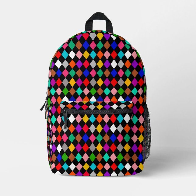 Multicolored Harlequin Diamonds Pattern Design  Printed Backpack (Front)