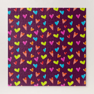 Multicolored Hearts: Watercolor Purple Pattern. Jigsaw Puzzle
