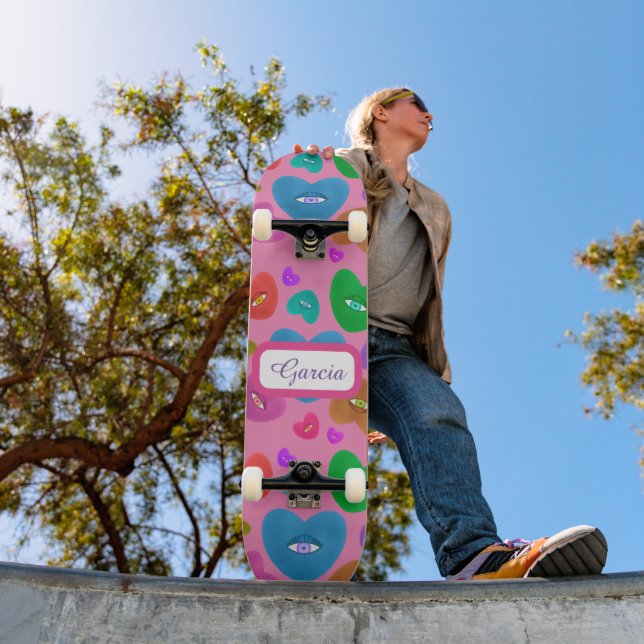 Multicolored Hearts with eyeball Love Valentines Skateboard (Outdoor 1)