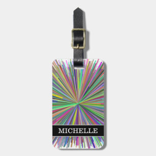 Multicolored Line Burst Pattern + Custom Name Luggage Tag