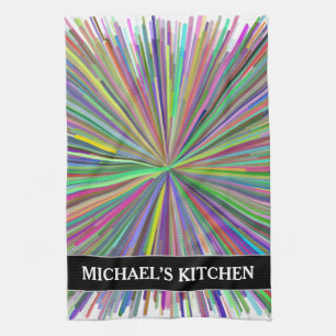 Multicolored Line Burst Pattern + Custom Name Tea Towel