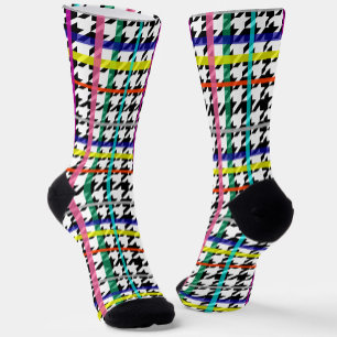 Multicolored Lines On Plaid Houndstooth Design  Socks