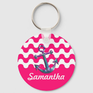 Multicolored Metallic Anchor on Pink Wavy ZigZag Key Ring