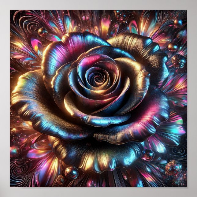 Multicolored Metallic Rose with Vibrant Flourishes Poster (Front)