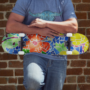 Multicolored Mosaic Tile Koi Pond Skateboard