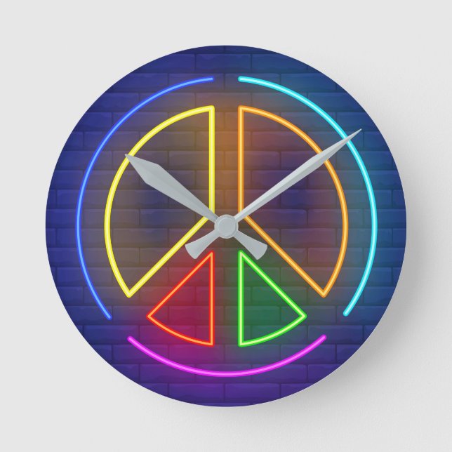 Multicolored neon peace sign symbol round clock (Front)
