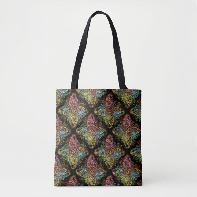 Multicolored Paisley Design on Black Tote Bag (Front)