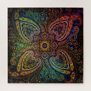 Multicolored Paisley on Black Background Jigsaw Puzzle