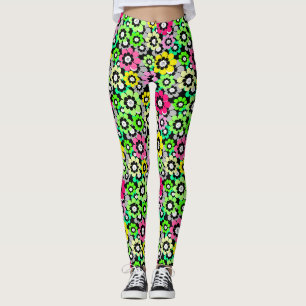 Multicolored paper cut flowers on black background leggings