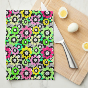 Multicolored paper cut flowers on black background tea towel
