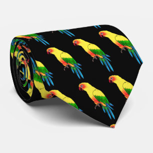Multicolored Parrot Bird Pattern on Black Tie