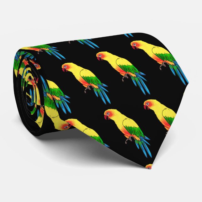 Multicolored Parrot Bird Pattern on Black Tie (Rolled)